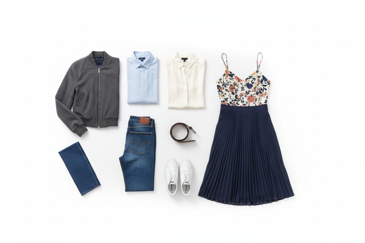 lav et billede, hvor der vises forskelligt Herrer og Dame tøj, med hvid baggrund